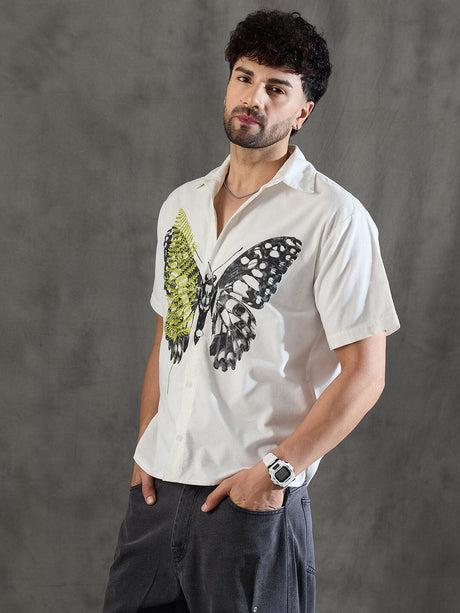 White Corduroy Butterfly Graphic Shirt Shirts Fugazee 