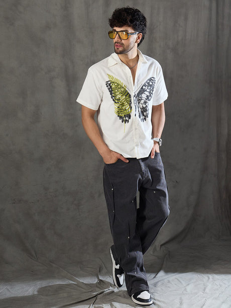 White Corduroy Butterfly Graphic Shirt Shirts Fugazee 