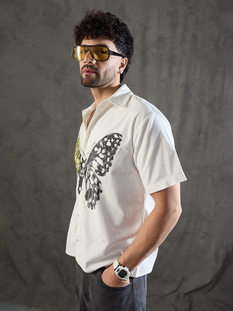 White Corduroy Butterfly Graphic Shirt Shirts Fugazee 