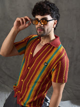 Paprika Red Striped Crochet Knitted Shirt Shirts Fugazee 