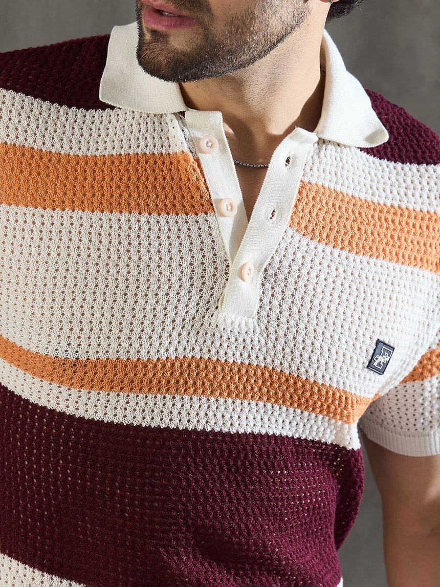 White Striped Knitted Polo Tshirt T-shirts Fugazee 