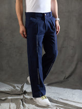 Navy Pleated Embroidered Trousers Trousers Fugazee 