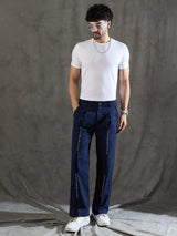 Navy Pleated Embroidered Trousers Trousers Fugazee 