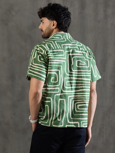 Olive Abstract Print Linen Shirt Shirts Fugazee 