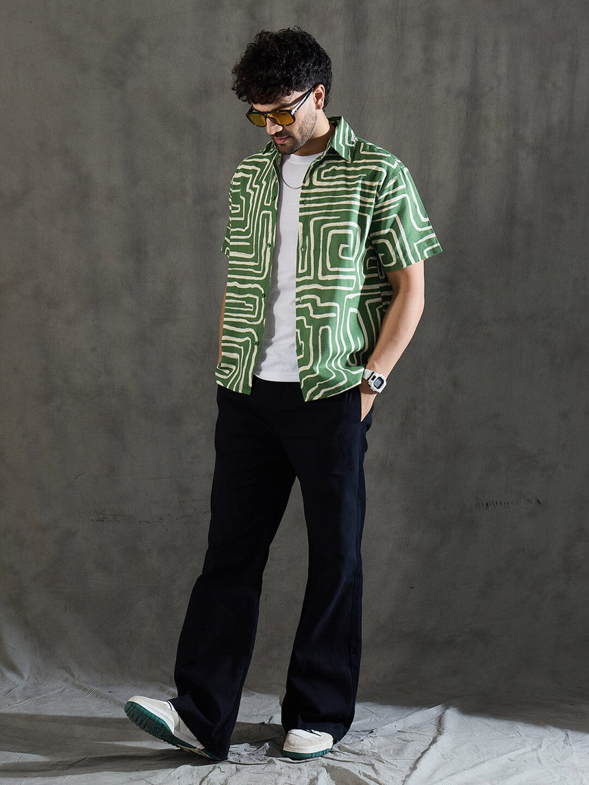 Olive Abstract Print Linen Shirt Shirts Fugazee 