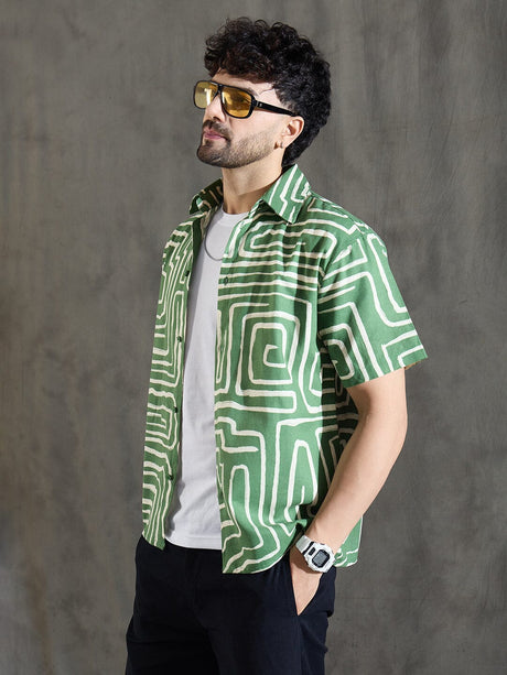 Olive Abstract Print Linen Shirt Shirts Fugazee 