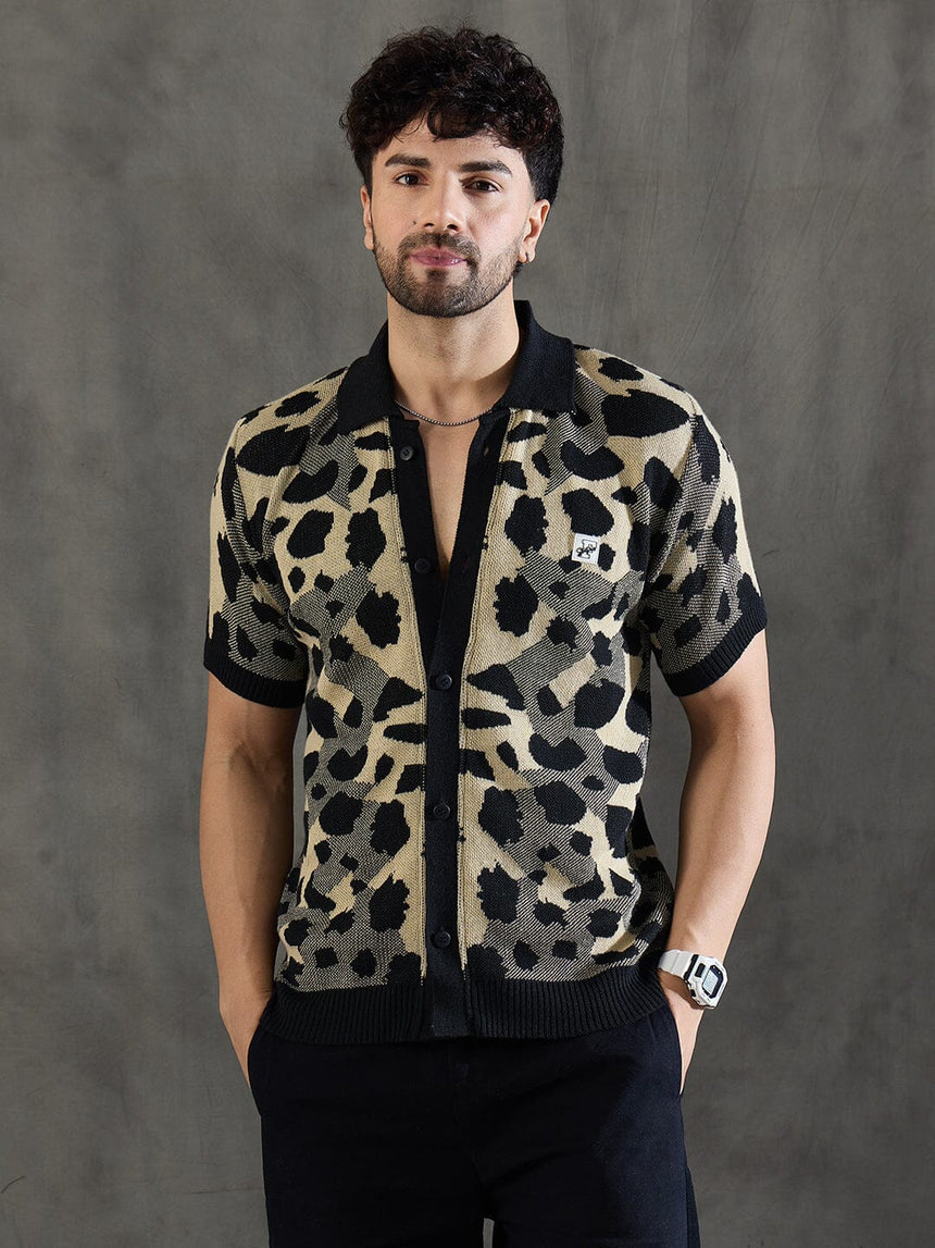 Black and Beige Leopard Print Crochet Shirt Shirts Fugazee 