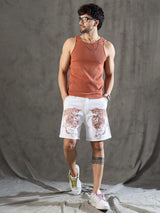 White Denim Lion Embroidery Shorts Shorts Fugazee 