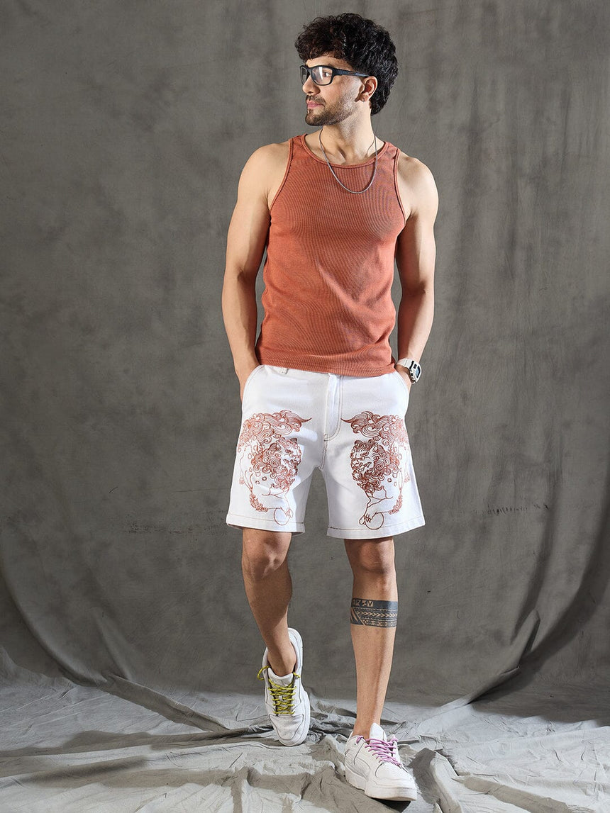 White Denim Lion Embroidery Shorts Shorts Fugazee 