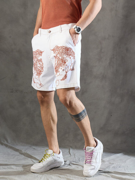 White Denim Lion Embroidery Shorts Shorts Fugazee 