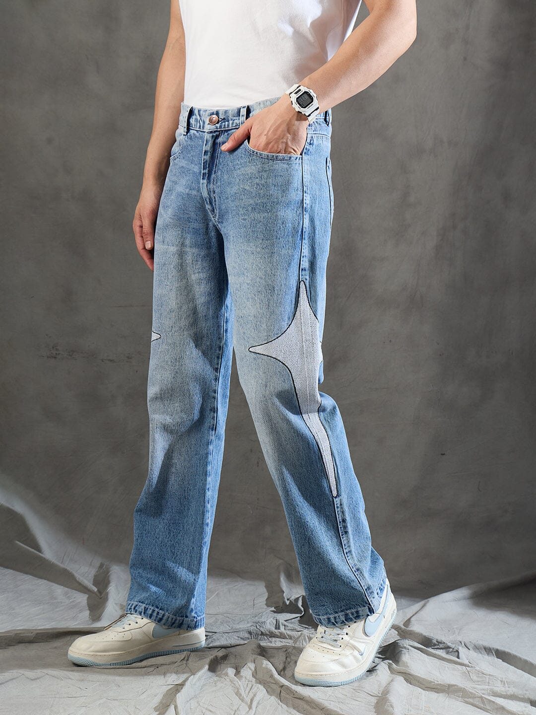 Indigo Y2K Embroidery Straight Fit Denim | Buy Men Straight Fit