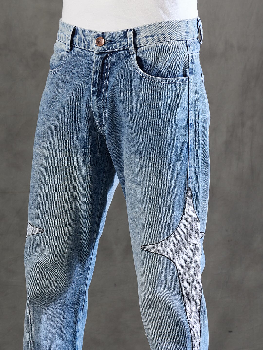 Indigo Y2K Embroidery Straight Fit Denim | Buy Men Straight Fit