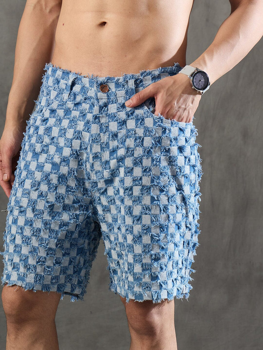 Ice Checkered Frayed Denim Shorts Shorts Fugazee 