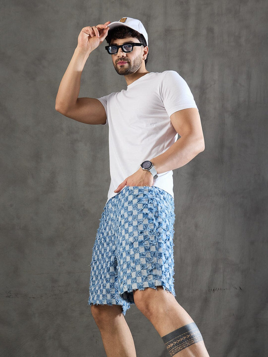 Ice Checkered Frayed Denim Shorts Shorts Fugazee 