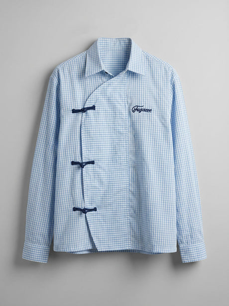 Marine Blue Striped Chinese Frog Buttoned Cropped Shirt Shirts Fugazee 