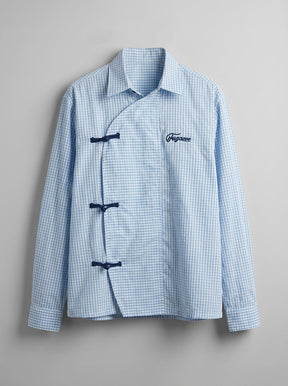 Sky Checkered Chinese Knot Buttoned Cropped Shirt Shirts Fugazee 