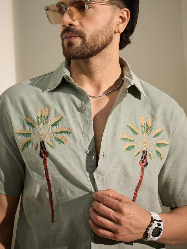 Sage Palm Embroidery Corduroy Shirt Shirts Fugazee 