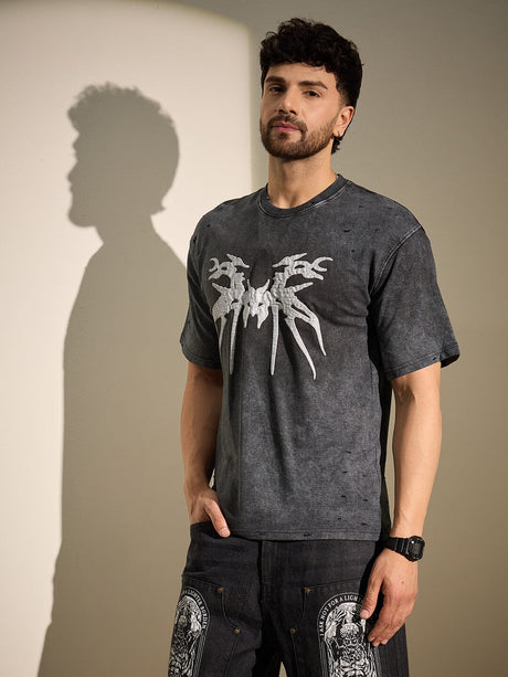 Charcoal Washed Bat Graphic Oversized Tshirt T-Shirts Fugazee 