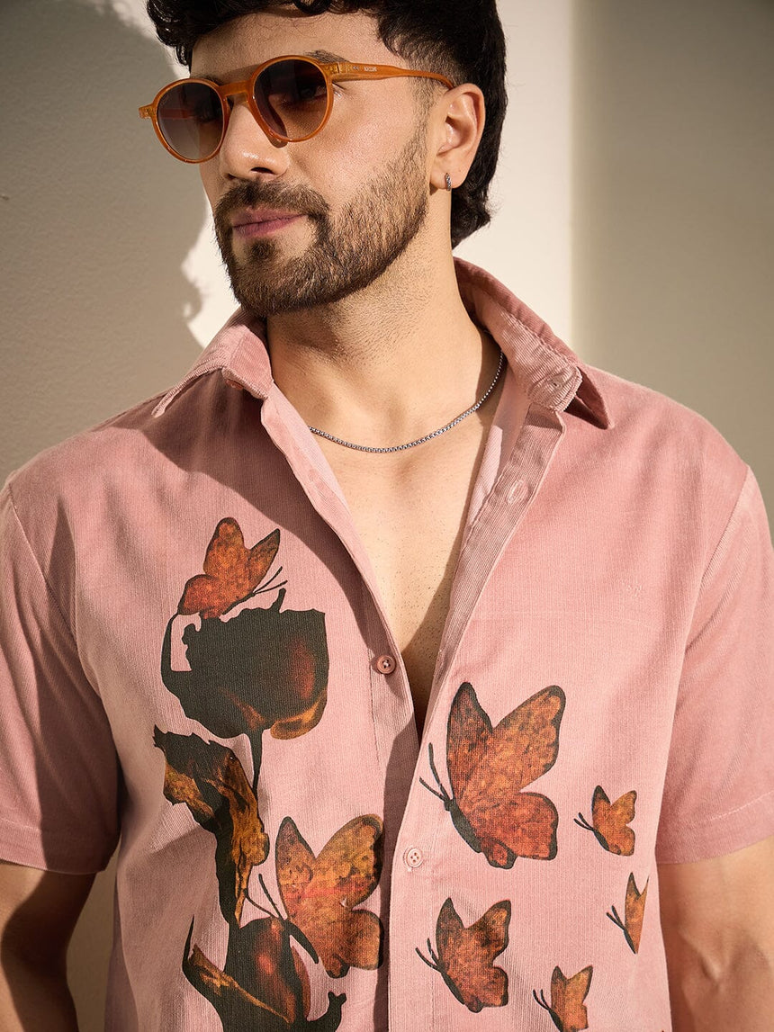 Dusty Coral Rose Graphic Corduroy Shirt Shirts Fugazee 