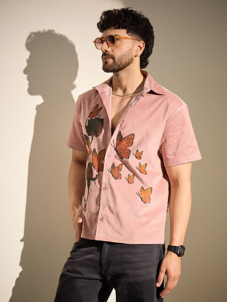 Dusty Coral Rose Graphic Corduroy Shirt Shirts Fugazee 