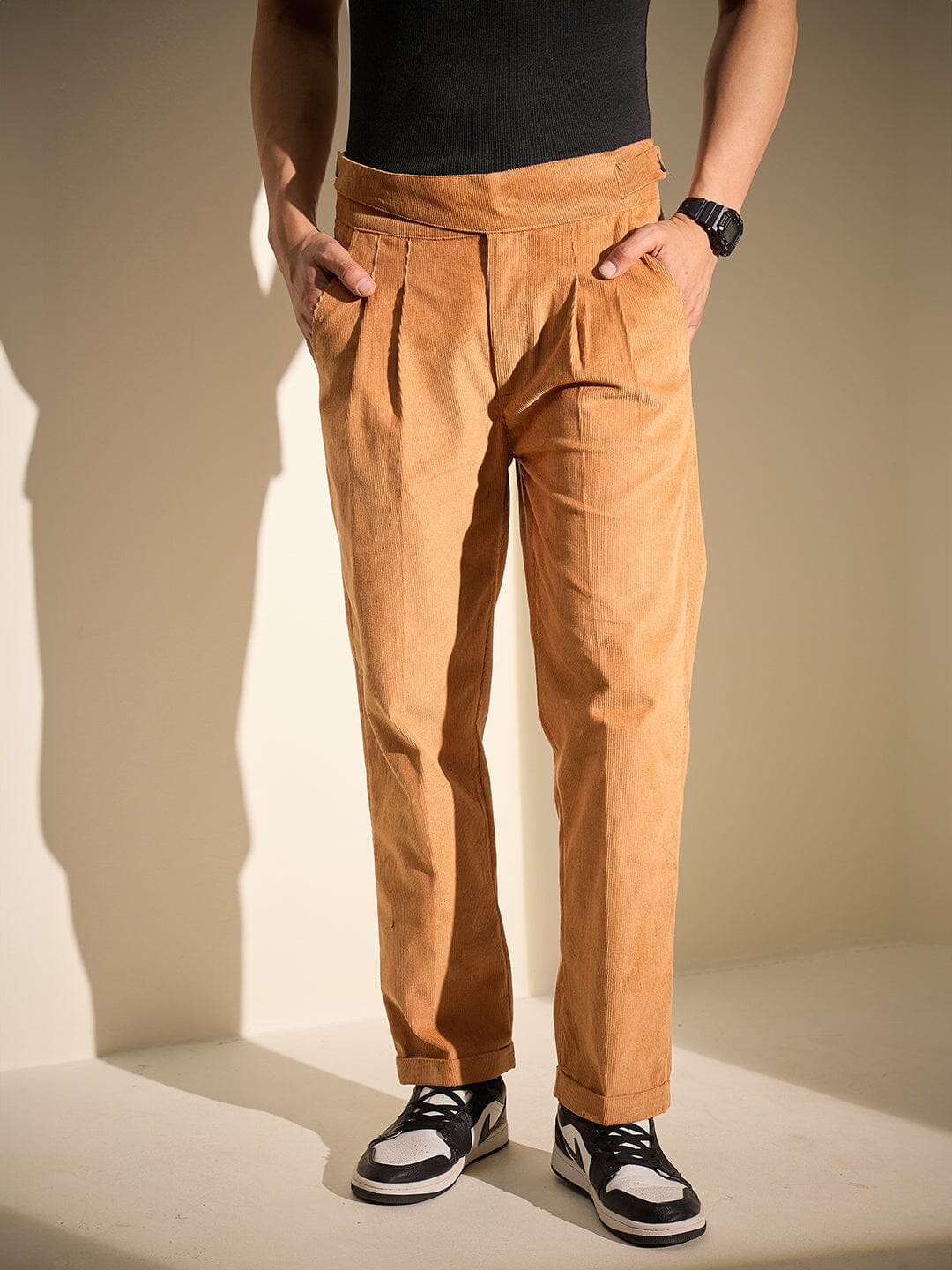 Burnt Mustard Pleated Corduroy Trousers | Buy Pleated Corduroy