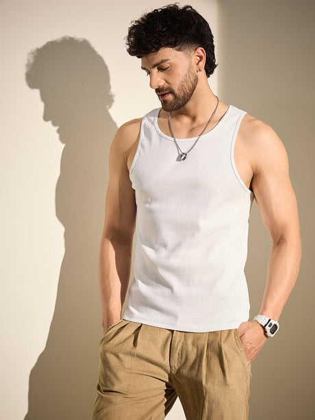 White Ribbed Muscle Fit Vest T-Shirts Fugazee 