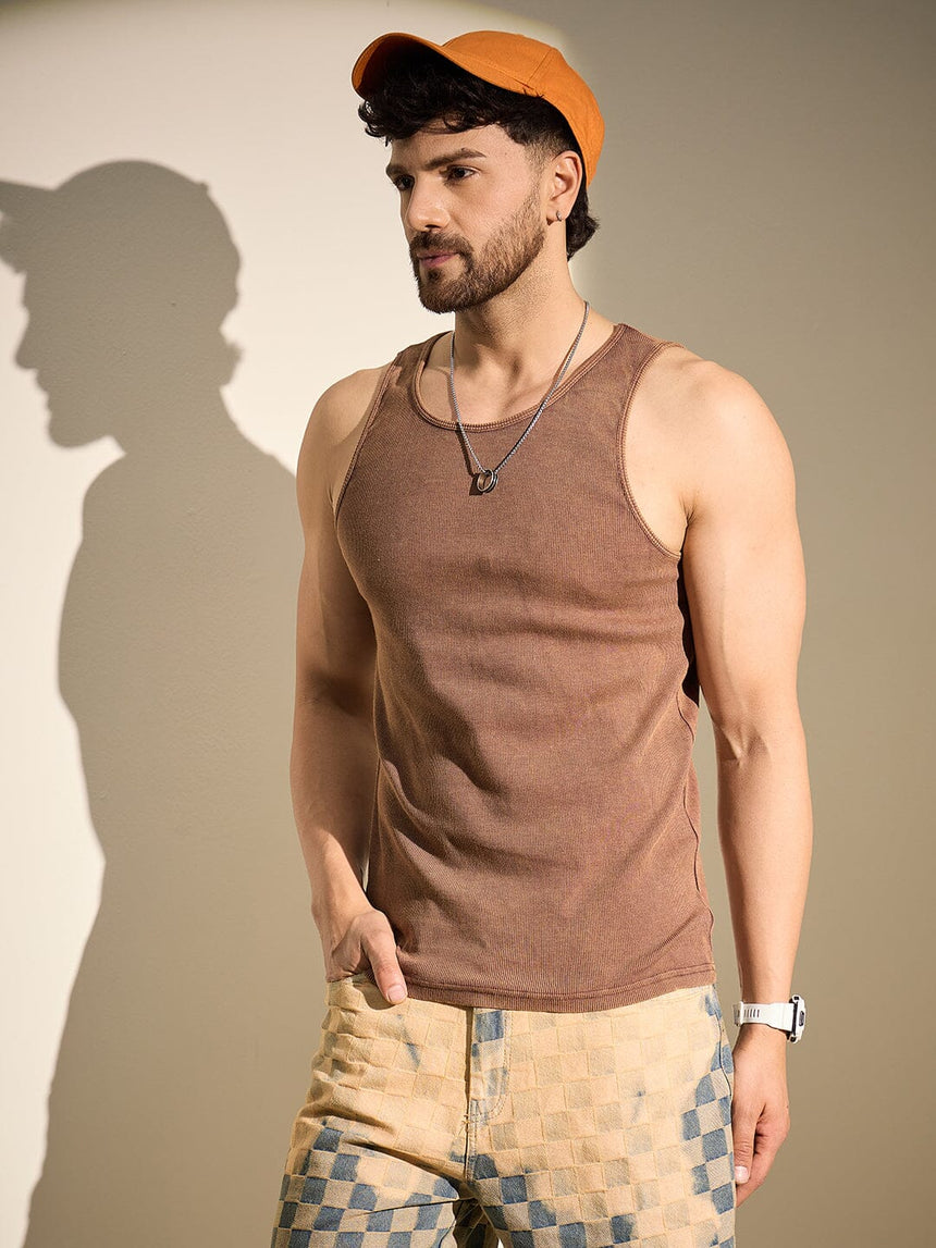 Coffee Dyed Ribbed Muscle Fit Vest T-Shirts Fugazee 