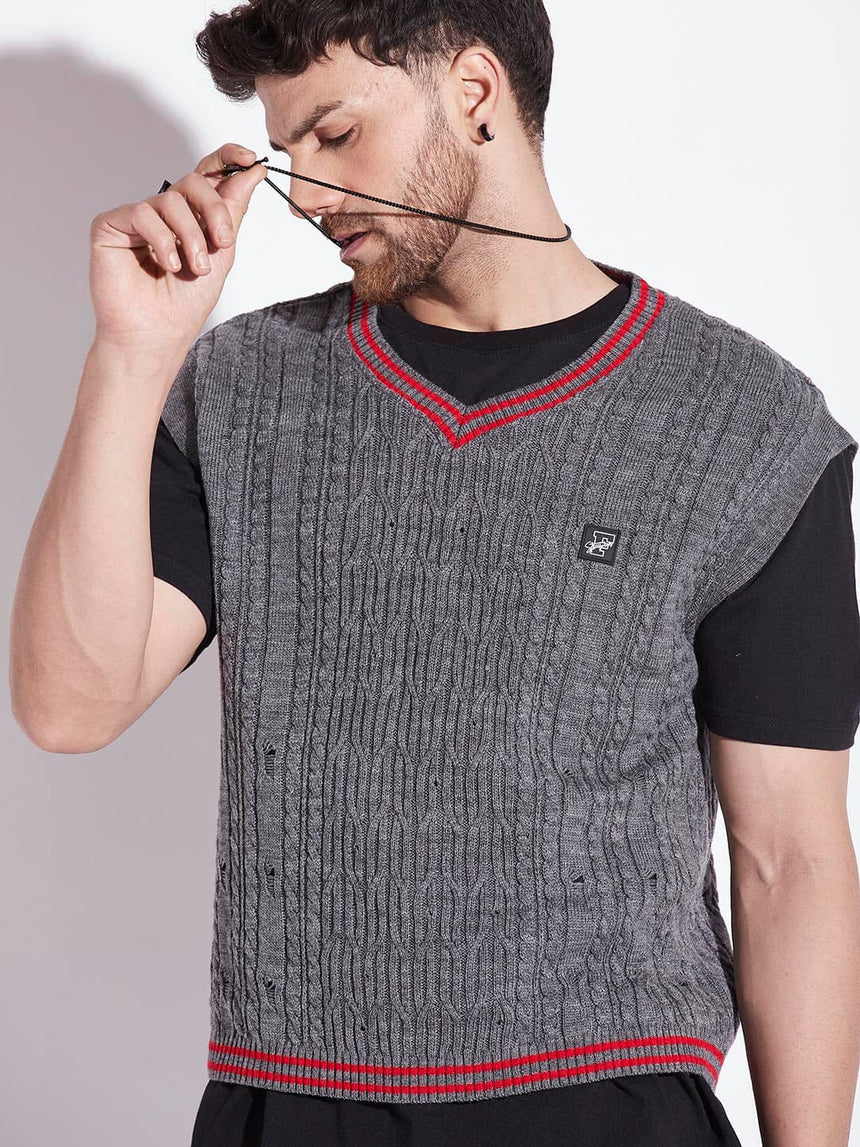 Charcoal Knitted Sleeveless Sweater, Buy Mens Sweaters