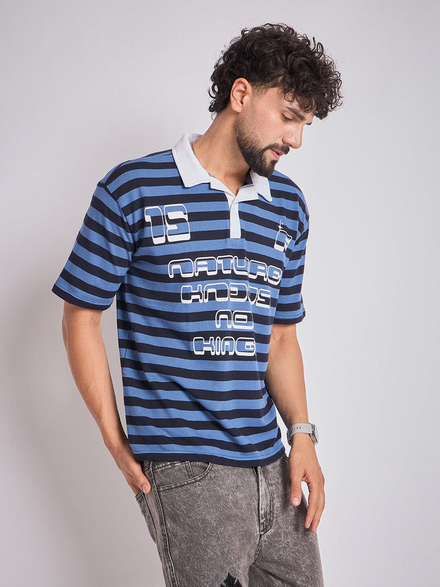Navy Striped Graphic Polo Tshirt T-Shirts Fugazee 