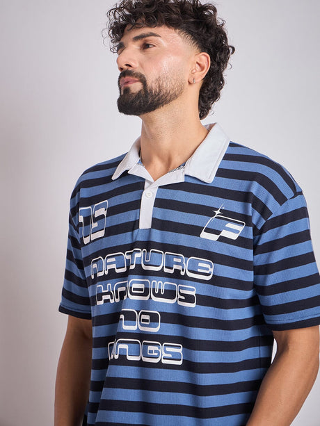 Navy Striped Graphic Polo Tshirt T-Shirts Fugazee 