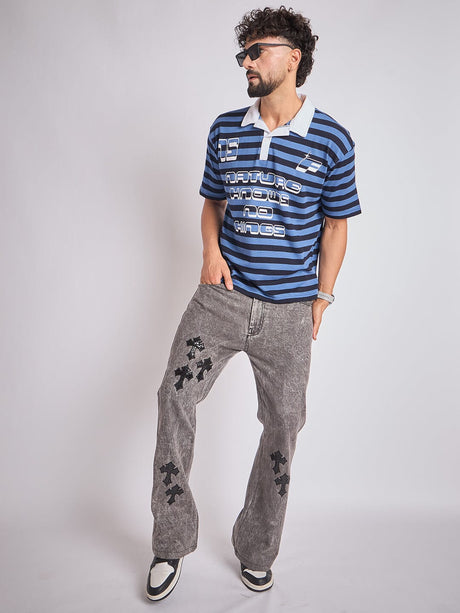 Navy Striped Graphic Polo Tshirt T-Shirts Fugazee 