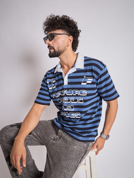 Navy Striped Graphic Polo Tshirt T-Shirts Fugazee 