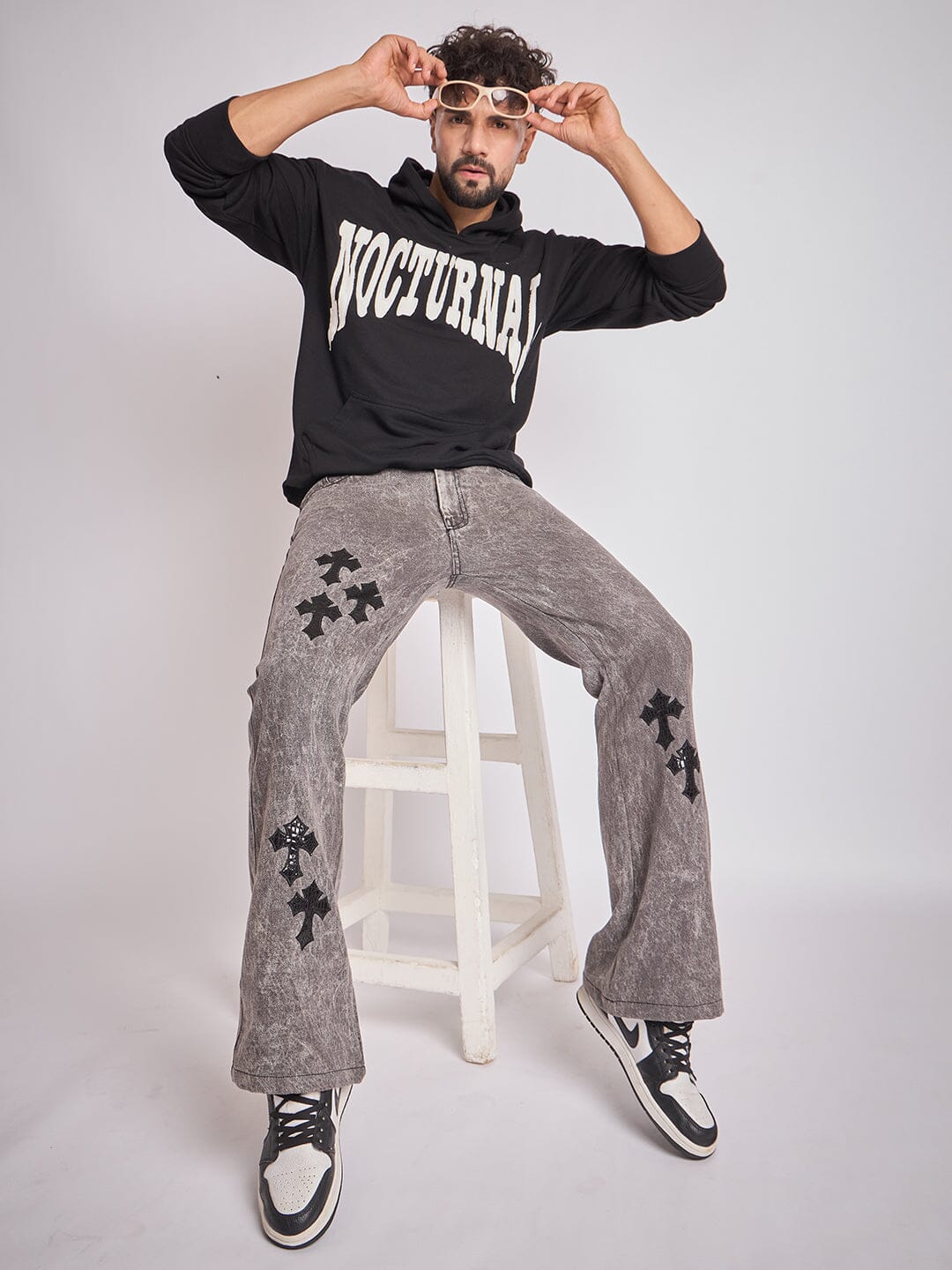 Grey Pu Cross Flared Denim | Buy Men Flared Denim | Fugazee – FUGAZEE