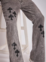 Grey Pu Cross Flared Denim Jeans Fugazee 