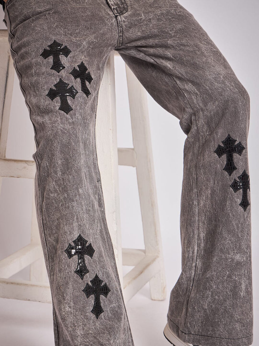 Grey Pu Cross Flared Denim Jeans Fugazee 