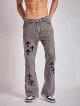 Grey Pu Cross Flared Denim Jeans Fugazee 