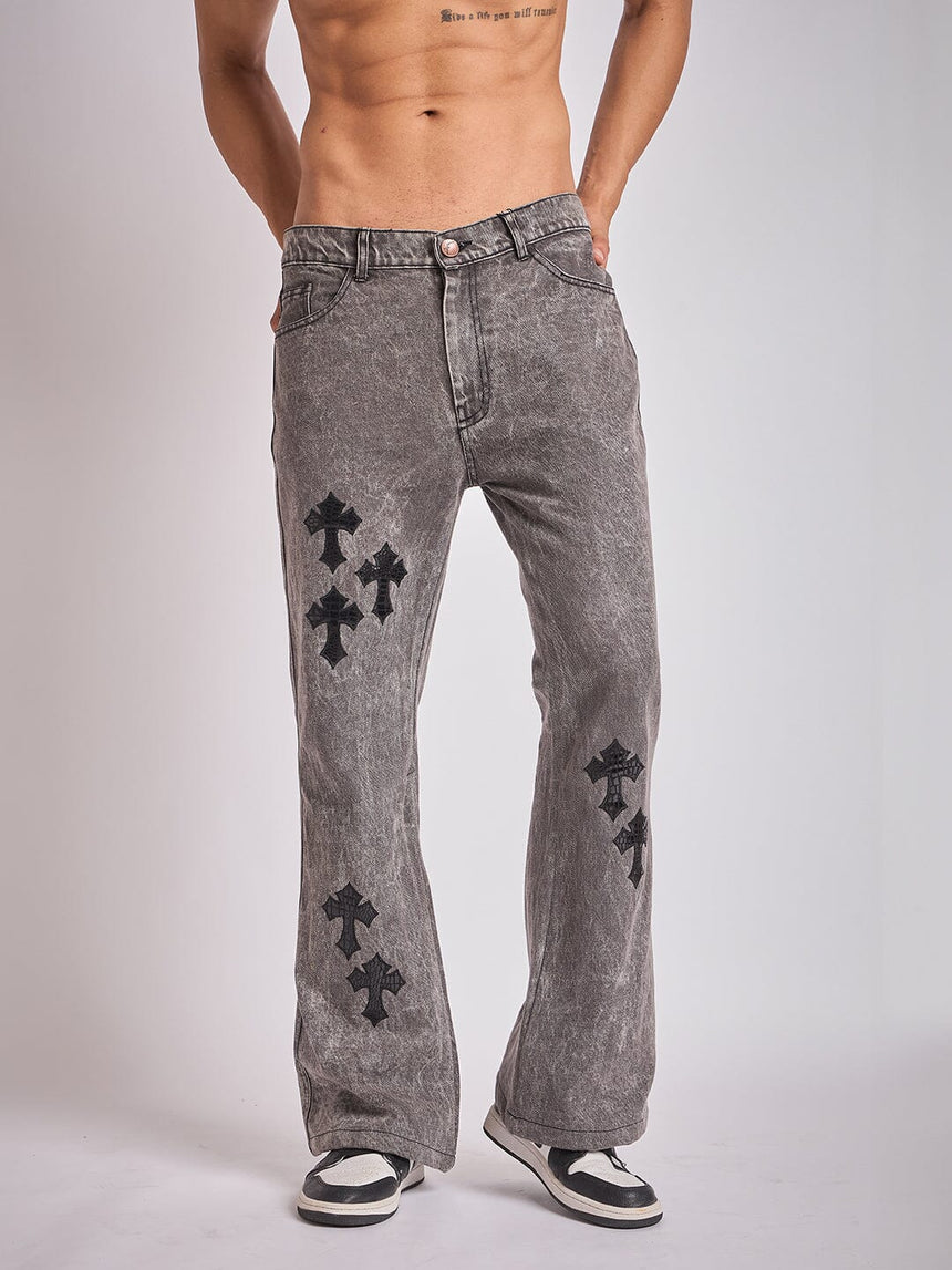 Grey Pu Cross Flared Denim Jeans Fugazee 