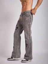 Grey Pu Cross Flared Denim Jeans Fugazee 