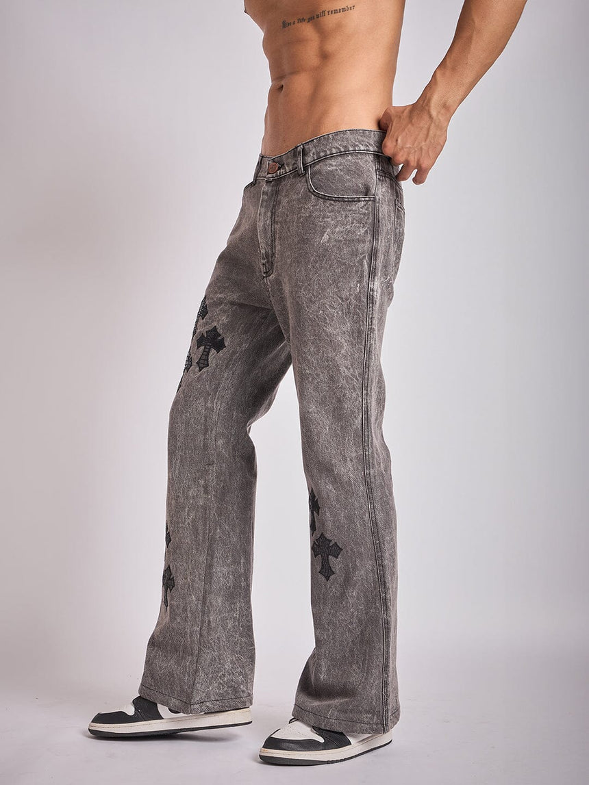 Grey Pu Cross Flared Denim Jeans Fugazee 