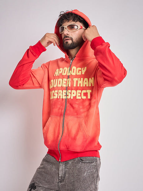 Red Washed Graphic Zipped Hooded-Sweatshirt Sweatshirts Fugazee 