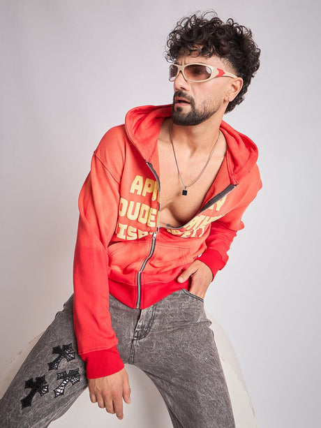 Red Washed Graphic Zipped Hooded-Sweatshirt Sweatshirts Fugazee 