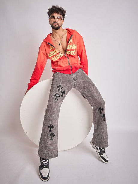 Red Washed Graphic Zipped Hooded-Sweatshirt Sweatshirts Fugazee 