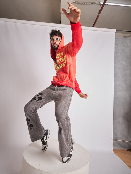 Red Washed Graphic Zipped Hooded-Sweatshirt Sweatshirts Fugazee 