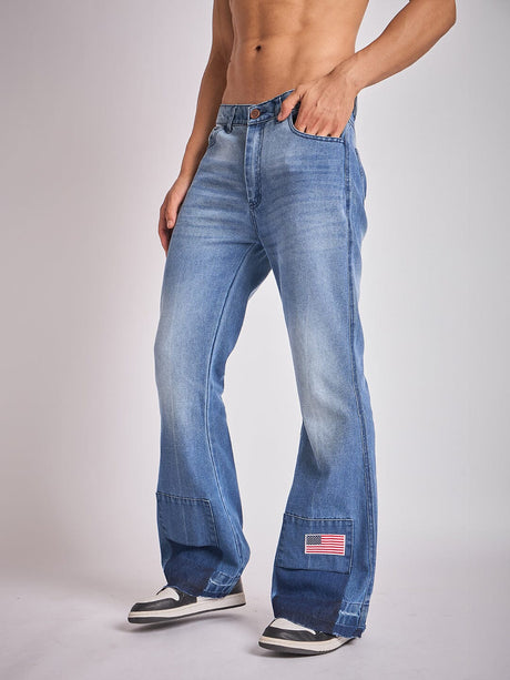 Indigo Super Flared Cut & Sew Denim Jeans Fugazee 