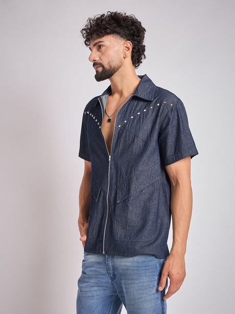 Dark Wash Studded Denim Shirt Shirts Fugazee 