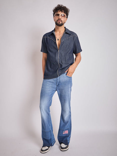 Dark Wash Studded Denim Shirt Shirts Fugazee 