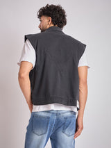 Black Cut-Sew Sleeveless Denim Jacket Jackets Fugazee 