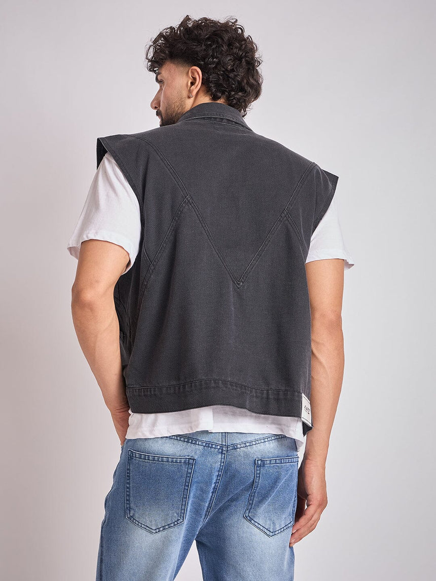 Black Cut-Sew Sleeveless Denim Jacket Jackets Fugazee 