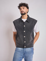 Black Cut-Sew Sleeveless Denim Jacket Jackets Fugazee 