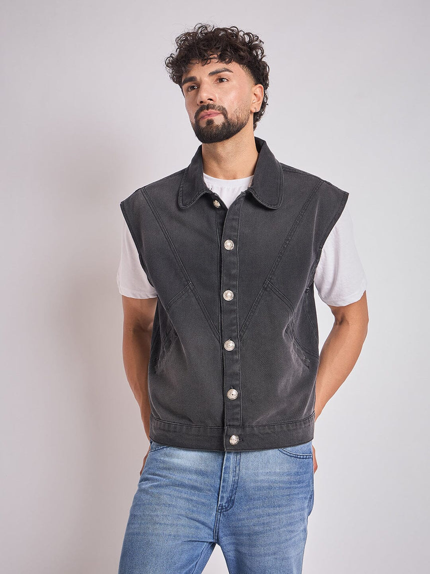Black Cut-Sew Sleeveless Denim Jacket Jackets Fugazee 
